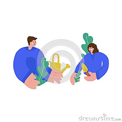 Illustration of a family teaching children. Freehand drawing illustrating the learning process of plant growing. Family Vector Illustration