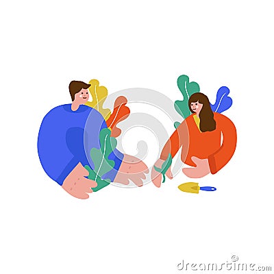 Illustration of a family teaching children. Freehand drawing illustrating the learning process of plant growing. Family Vector Illustration