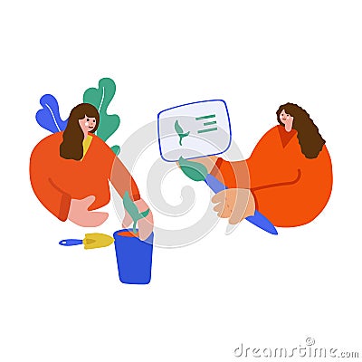 Illustration of a family teaching children. Freehand drawing illustrating the process of learning crop production. The Vector Illustration