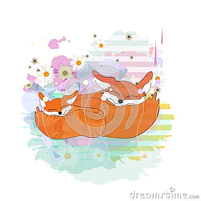 Illustration Family two foxes mom baby and sweet dreams Stock Photo