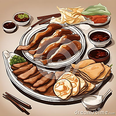 A famous Beijing dish featuring succulent roasted duck served with pancakes, scallions, and hoisin sauce Cartoon Illustration