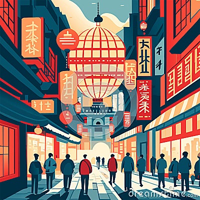 Illustration of the famous chinese street in Shanghai, China. generative AI Vector Illustration