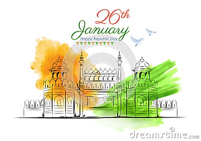 Famous Indian monument Red Fort for 26th January Happy Republic Day of India Cartoon Illustration