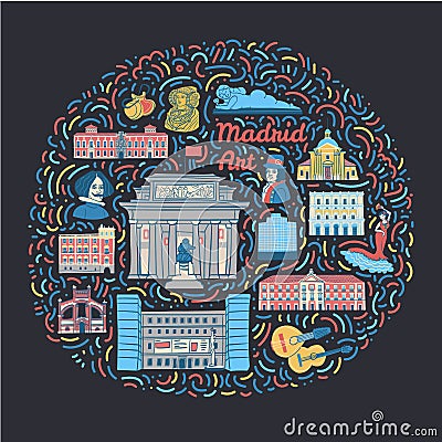 Illustration with famous Madrid cultural places Vector Illustration