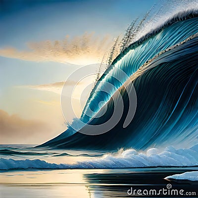 Fantastic ocean wave at sunset Cartoon Illustration