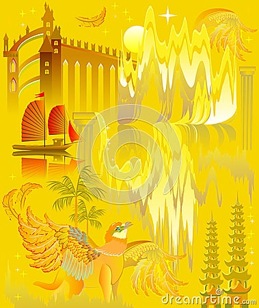 Illustration of a fantastic trip to an ancient fairy-tale country. Vector cartoon image on a gold background. Vector Illustration