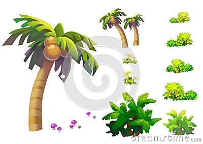 Illustration: Fantastic Tropical Beach Elements / Objects Set 1. Coconut tree, grass, mushroom, etc. Stock Photo