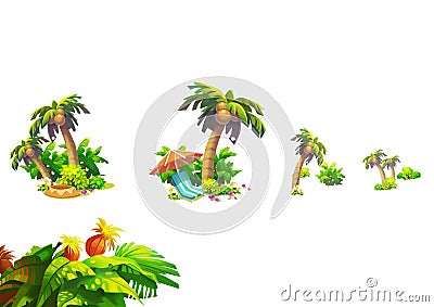 Illustration: Fantastic Tropical Beach Elements Set 3. Coconut, Flower, Plant Group etc. Stock Photo