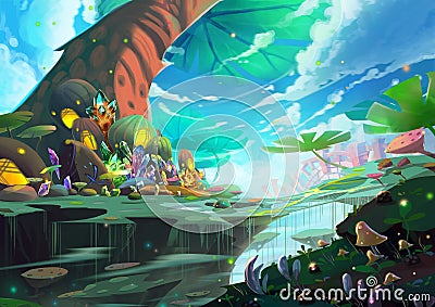 Illustration: A Fantastic Wonderland with Giant Tree, Treasure and Mystery Things. Stock Photo