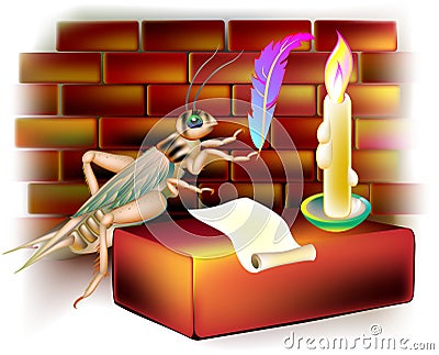 Illustration of fantasy cricket writing a letter during the nighttime. Vector Illustration