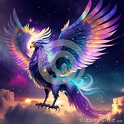 Illustration of a fantasy eagle in the night sky with clouds. AI Generated Stock Photo