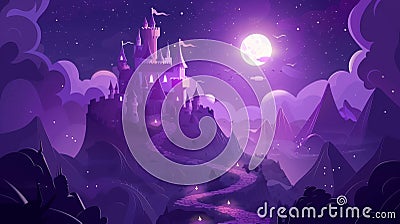 An illustration of a fantasy fortress or medieval architecture at night, a turreted castle on a mountain under a purple Cartoon Illustration