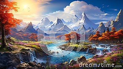 Illustration of fantasy scenery wide-angle, with snow, sky, trees, flowers and a small stream. Generative ai Stock Photo