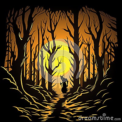 Fantasy yellow brown dark forest. Vector illustration Vector Illustration