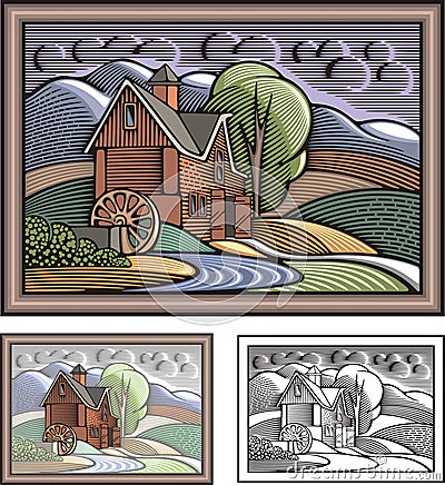 Countrylife and Farming Vector Illustration in Woodcut Style Cartoon Illustration