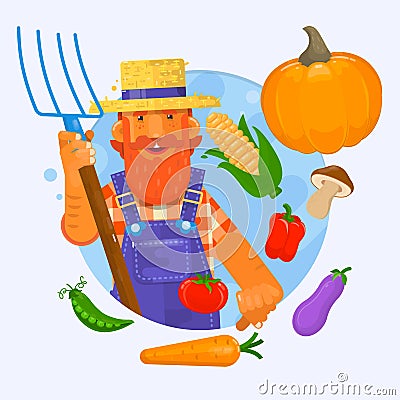 Illustration of a farmer holding a garden fork wearing hat with vegetables. Vector illustration Vector Illustration