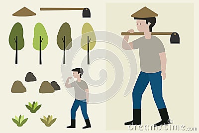 Illustration farmer man with a hoe. Vector Illustration