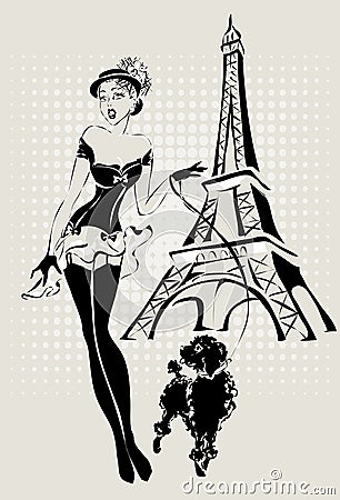 Illustration Fashion woman near Eiffel Tower with little dog Cartoon Illustration