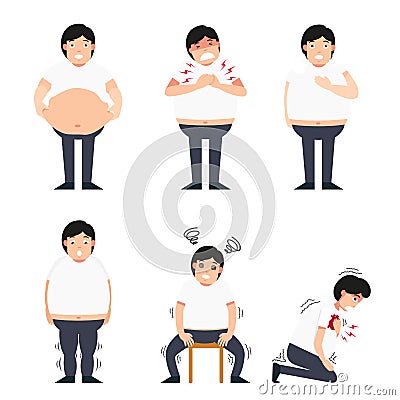 Illustration of fat man with various diseases Vector Illustration