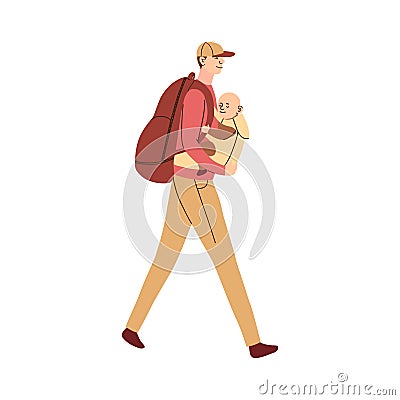 Illustration of father carries the baby in an ergo backpack, with a backpack on his back Vector Illustration