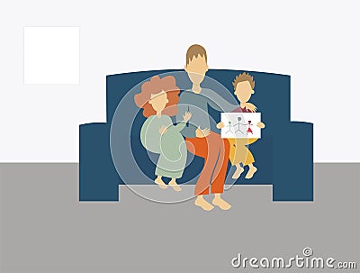 Illustration of a father sitting on couch with his son and daughter and family sketch Stock Photo