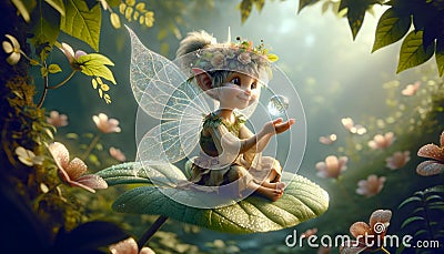 Garden Whispers: Pixie's Dewdrop Delight Cartoon Illustration
