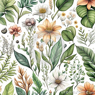 Watercolor Floral Pattern on White Background Cartoon Illustration