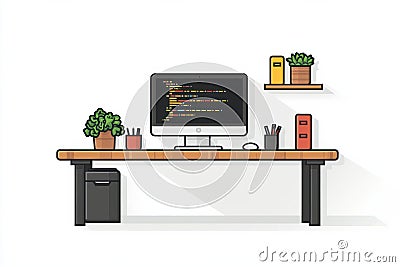 Modern desk setup with computer, plants, and coding interface illustration Cartoon Illustration