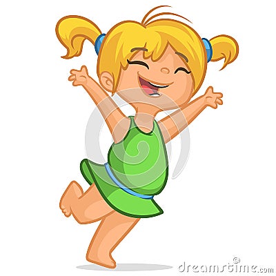 Illustration featuring a blond girl in a green dress jumping with glee. Holiday vector illustration cartoon style Vector Illustration