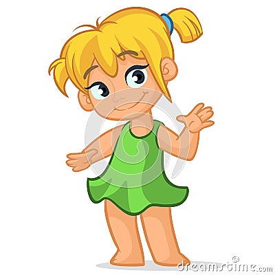 Illustration featuring a blond girl in a green dress presenting. Holiday vector illustration cartoon style for greeting card Vector Illustration