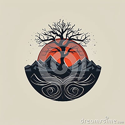 Volcano-themed Vector Logo With Tree-like Elements Cartoon Illustration