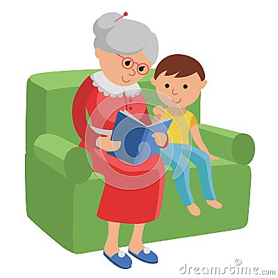 Illustration featuring an elderly woman reading a book for grandson. Vector Illustration