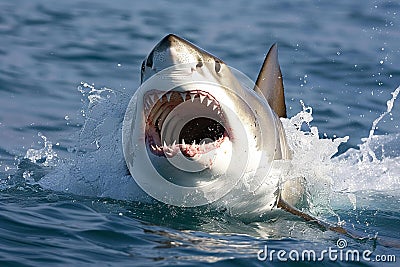 Featuring a photo of a great white shark attacking in the water, its wide open mouth showing sharp teeths, splashing and creating Cartoon Illustration