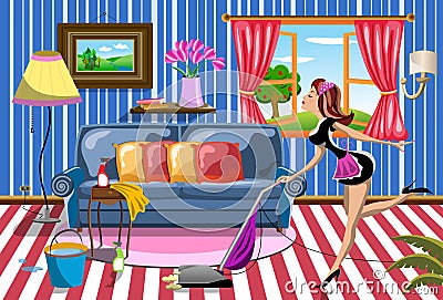 Woman Using Vacuum Cleaner Vector Illustration