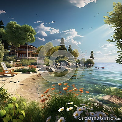 Illustration featuring a tranquil landscape of a lake surrounded by lush, colorful flowers Cartoon Illustration