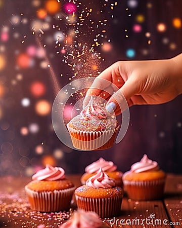 Female hand with tasty cupcakes Stock Photo