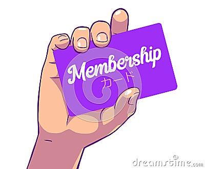 Illustration of female hand holding membership card, card written in japanese Cartoon Illustration