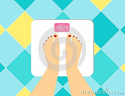 Illustration of female legs on the floor scales. Vector weight watcher. The problem of excess weight, the concept of a healthy li Vector Illustration