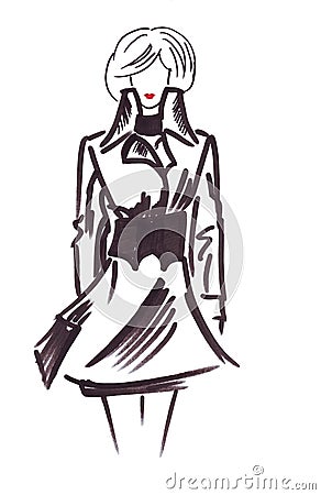 Illustration of a female with a slender figure in a black jacket and fashionable with red lips Stock Photo