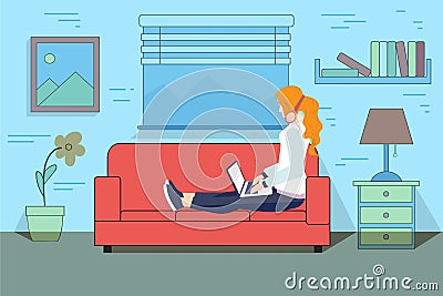 Illustration of female software developer working at couch Vector Illustration