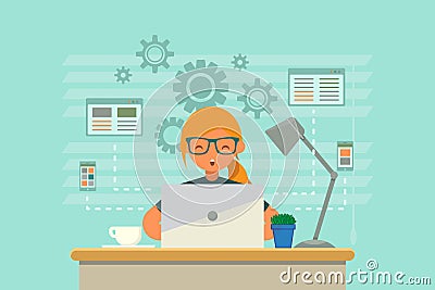 Illustration of female software engineers with blue background Vector Illustration