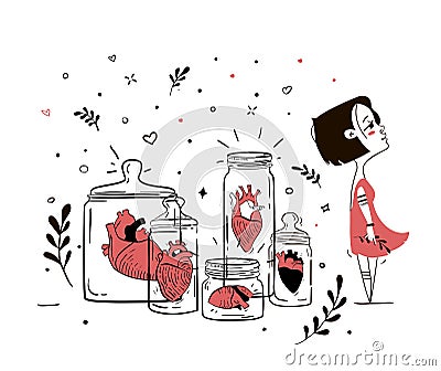 Illustration femme fatale with broken hearts. Stock Photo