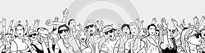 Illustration of festival crowd having fun at concert in panorama view and high detail Vector Illustration