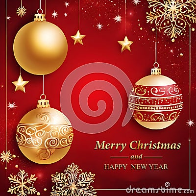 Merry Christmas and Happy New Year illustration. golden Christmas ball, snowflake, glitter Cartoon Illustration