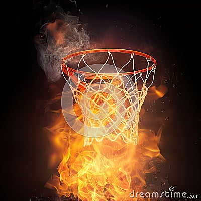 illustration of fiery basketball ball flying to hoop on black background Cartoon Illustration