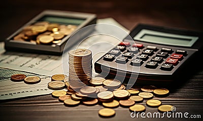 An Illustration of Finance and Investment Background. Coins and Calculations. AI Stock Photo