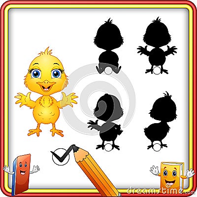 Find the correct shadow. Cute baby chicken waving. Education Game for Children Vector Illustration