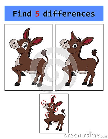 Find 5 differences Donkey Vector Illustration