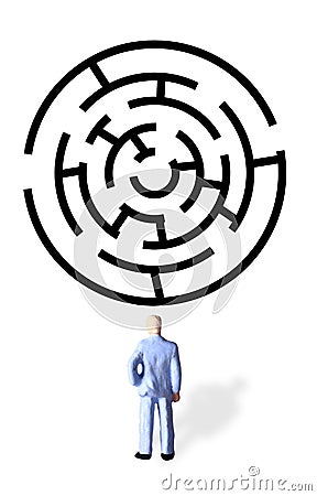 Illustration for finding best solution problem, Mini Figure Businessman Watching Black Rounded Maze with Two Alternative Way Out Stock Photo