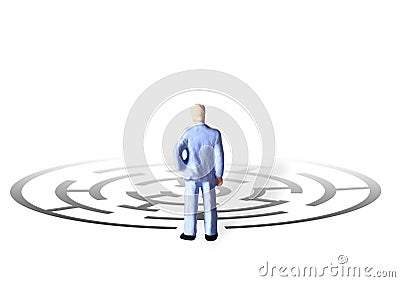 Illustration for finding best solution problem, Mini Figure Businessman Watching Black Rounded Maze with Two Alternative Way Out Stock Photo